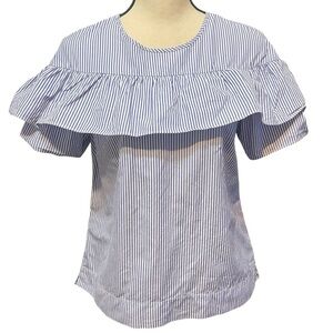 J. Crew Blue White Stripe Edie Ruffle Nautical‎ Beachy Preppy Cotton Blouse Top
